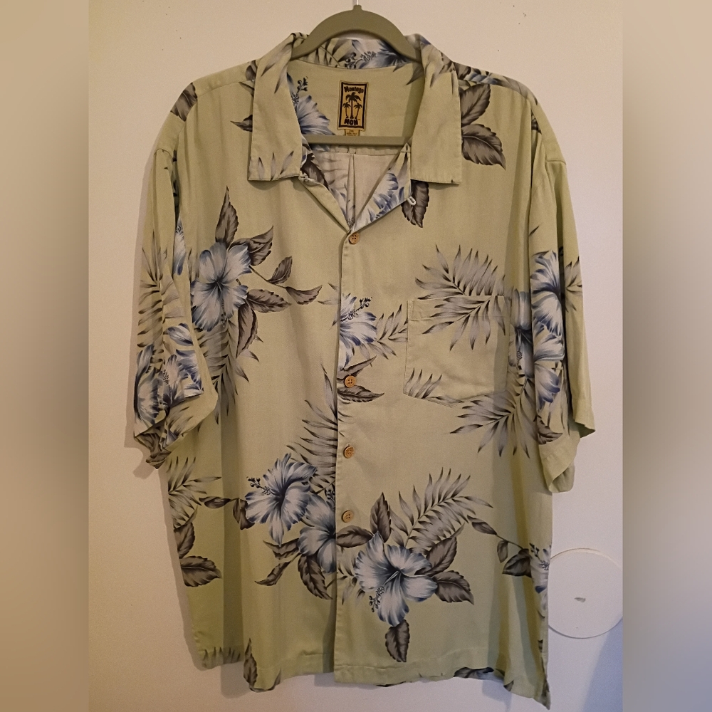 Montego Mon Hawaiian‎ Mens Light Green Floral Men's Shirt 100% Silk Sz XXL